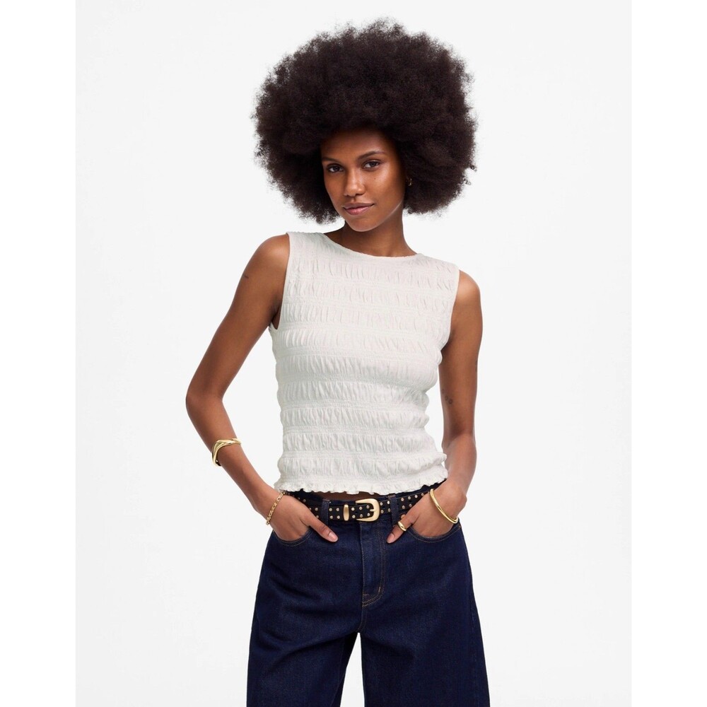 Madewell White Sleeveless Smocked Tank Top